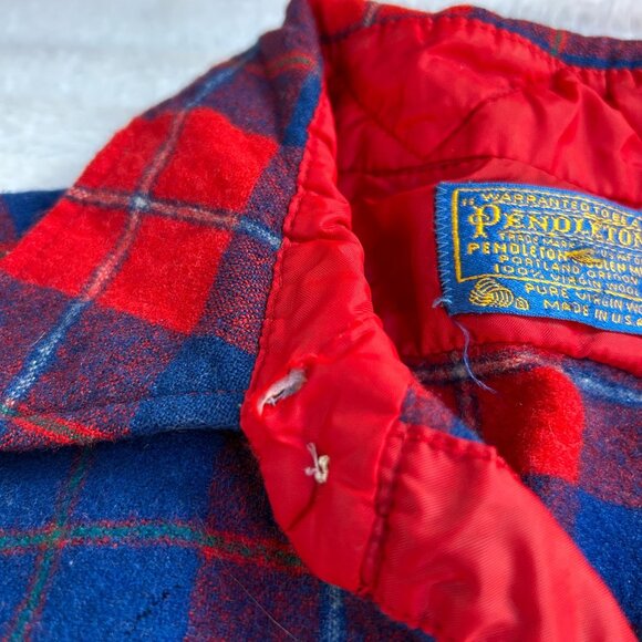Vintage Pendleton Mens Red Blue Tartan Plaid Wool Button Up Shirt Medium Pockets - Picture 6 of 9